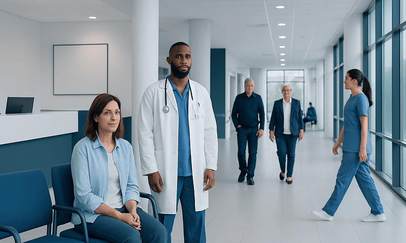 Healthcare professionals in a modern hospital corridor.