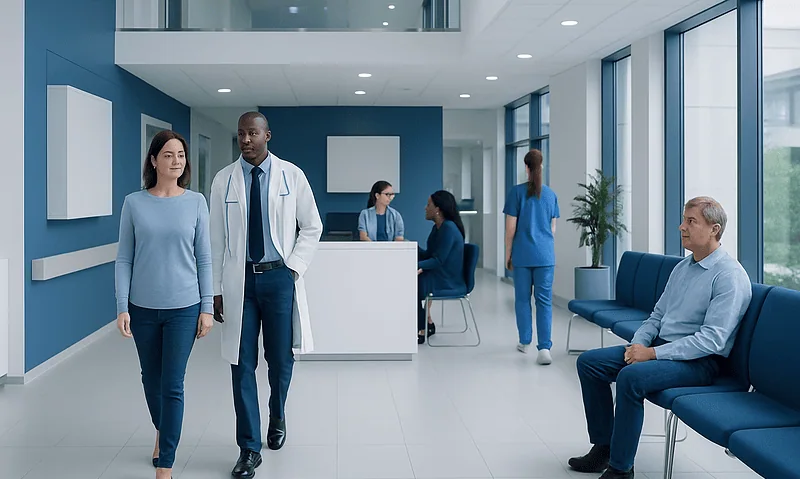 Modern hospital waiting area with patients and staff at Acibadem Hospitals Group.