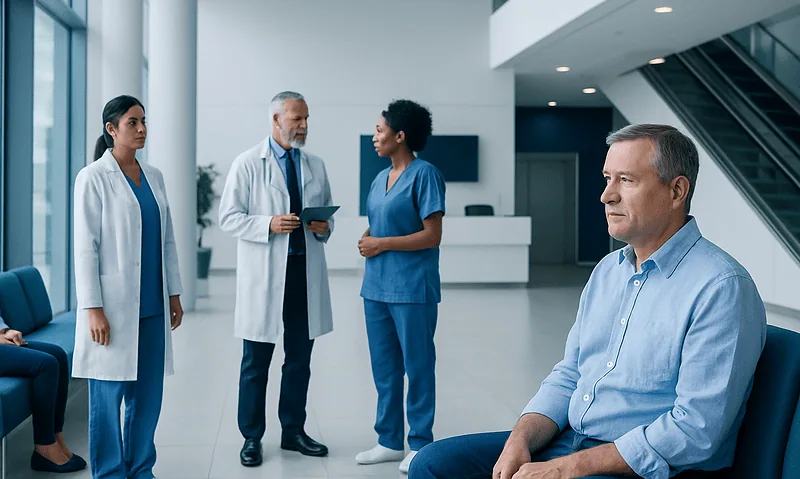Medical team discussing patient care in hospital lobby.