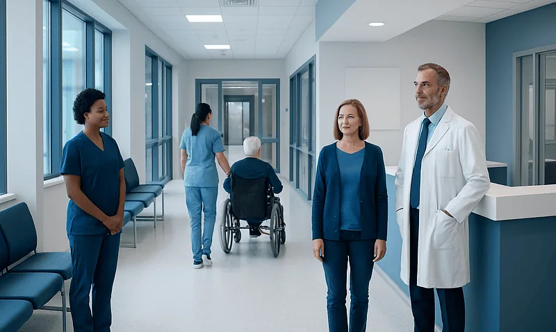Medical staff and patient in a modern hospital corridor.