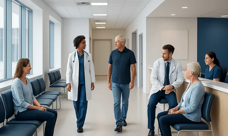 Medical team consulting with patient in hospital corridor.