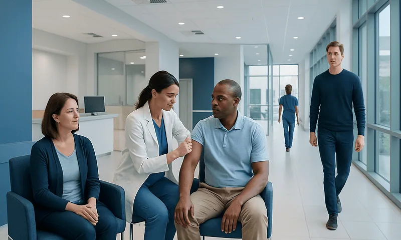 Doctor administering allergy injection to patient in hospital corridor.