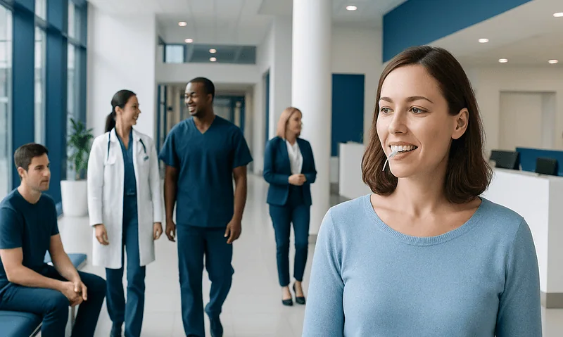 Smiling woman in hospital lobby with medical staff in background.