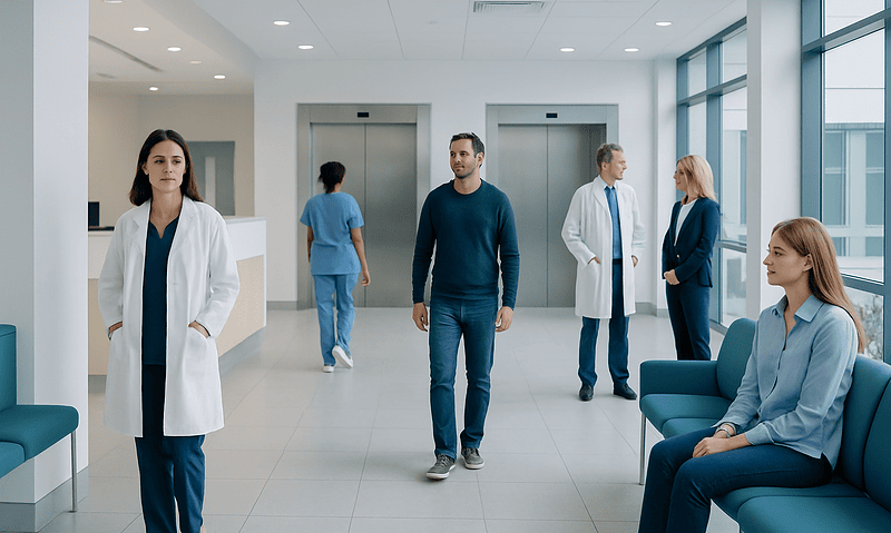Healthcare professionals and patients in a modern hospital lobby.