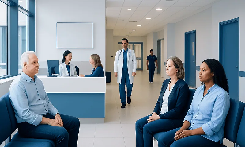 Patients waiting in a hospital corridor with medical staff nearby.