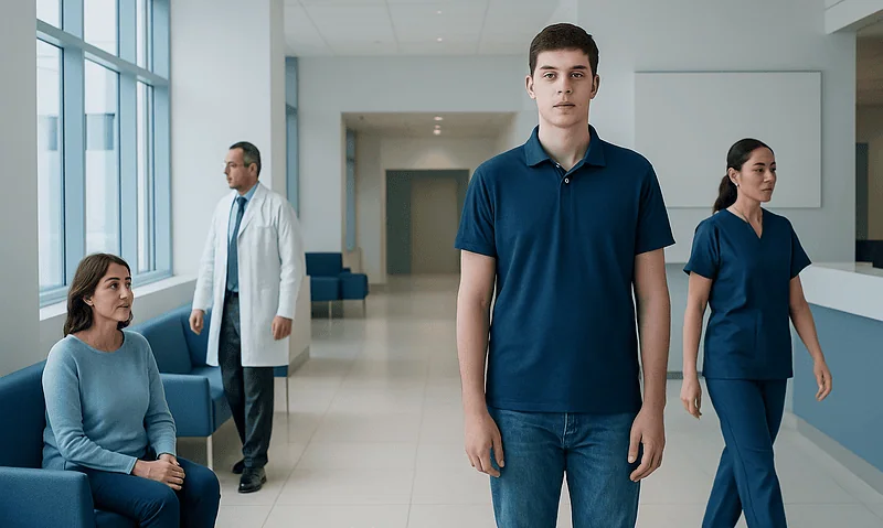Young man waiting in hospital corridor with medical staff and patient.