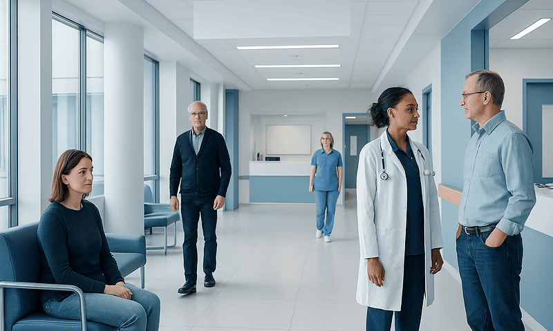 Medical consultation in a modern hospital corridor with healthcare professionals and patient.