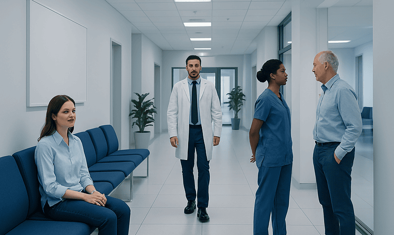 Medical staff and patient in hospital corridor at Acibadem Hospitals Group.