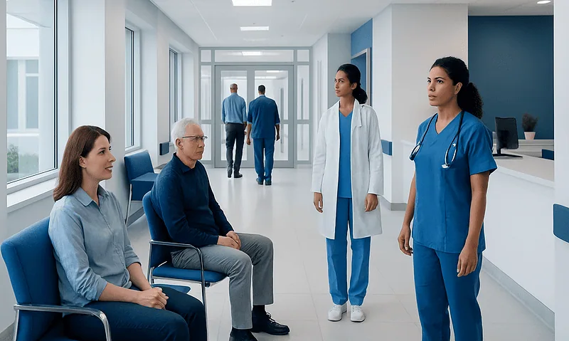 Hospital corridor with patients and medical staff in blue scrubs and white coats.