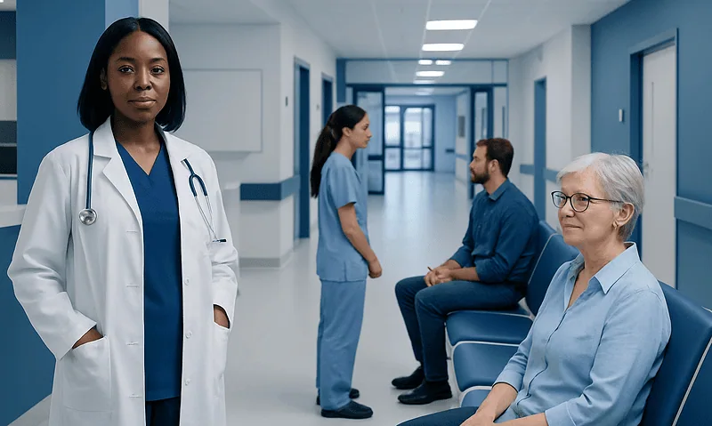 Healthcare professionals and patients in a hospital corridor at Acibadem Hospitals Group.