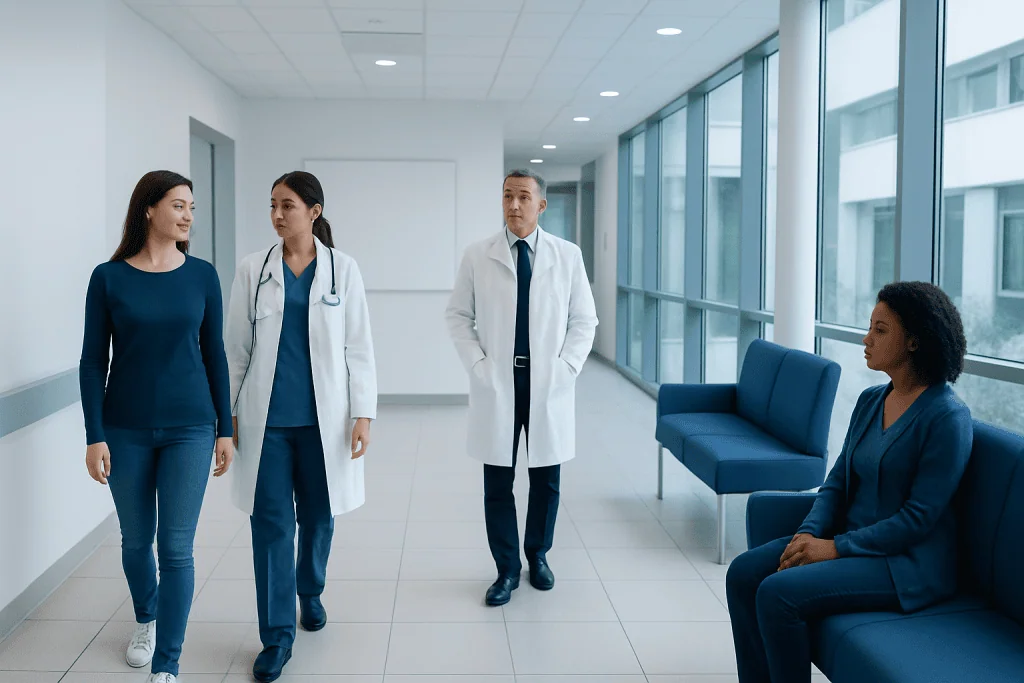 Yaz Birth Control: A Complete Medical Overview 1 Medical professionals and patient in a hospital corridor at Acibadem Hospitals Group.