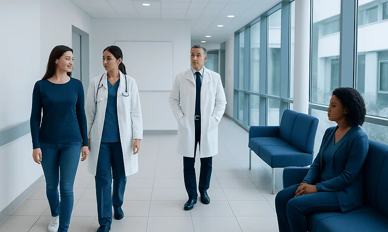 Medical professionals and patient in a hospital corridor at Acibadem Hospitals Group.