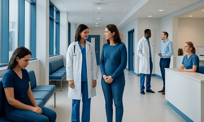Medical professionals and patient in a hospital corridor.