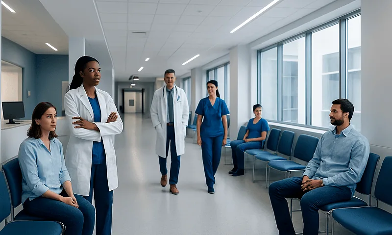 Medical team consulting in hospital corridor with patients and staff.