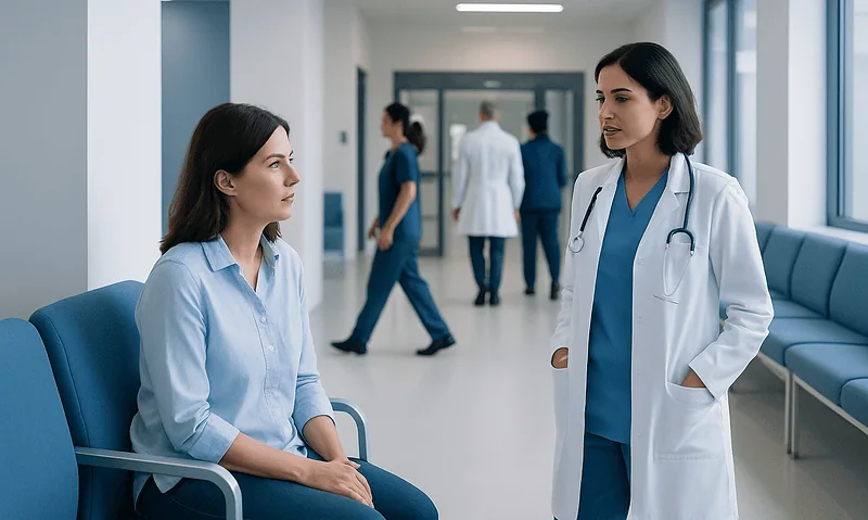 Doctor consulting a patient in a hospital corridor at Acibadem Hospitals Group.