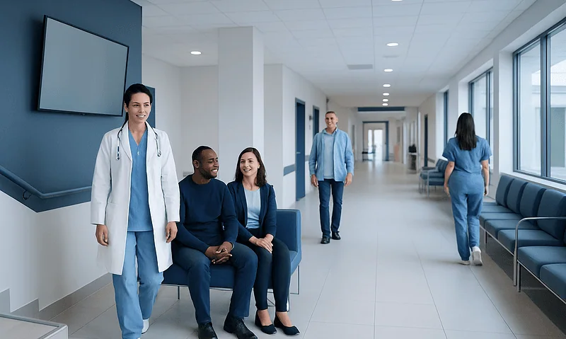 Healthcare professionals and patients in a modern hospital corridor.