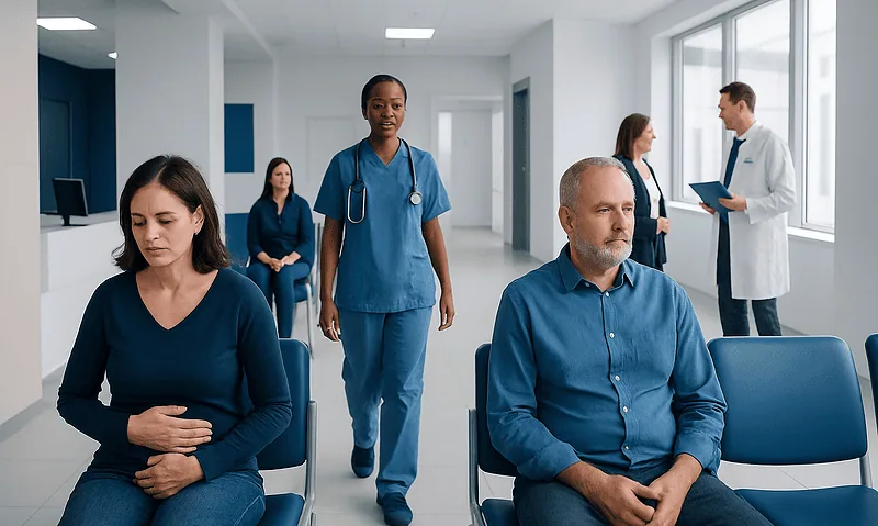 Patients waiting in a hospital corridor with medical staff nearby.