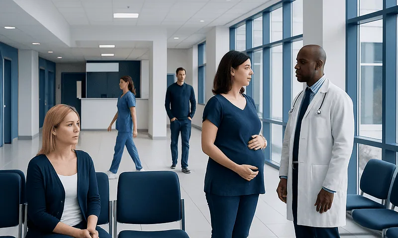Medical team discussing patient care in a modern hospital corridor.