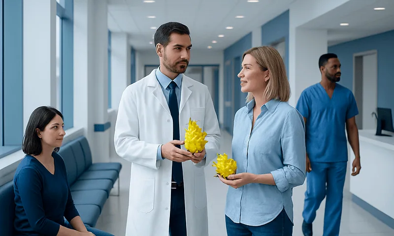Doctor and patient holding yellow dragon fruit in hospital corridor.