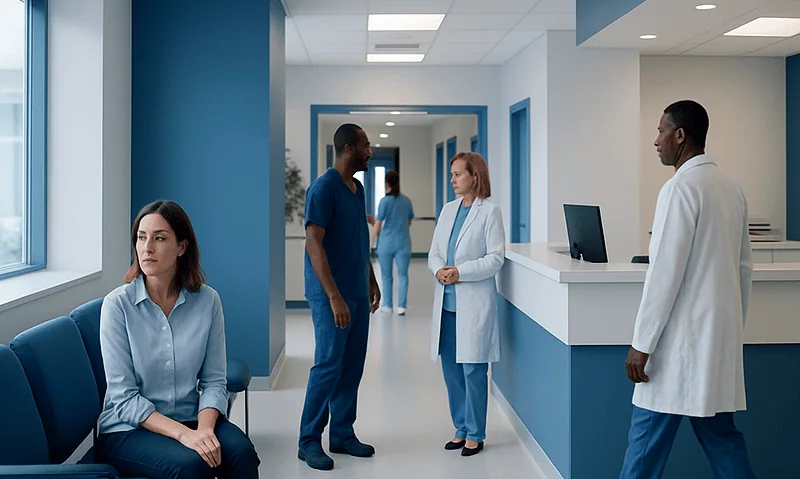 Medical staff and patient in hospital corridor at Acibadem Hospitals Group.