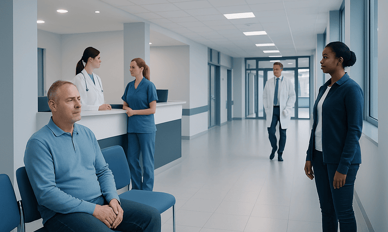Patients and healthcare professionals in a hospital corridor at Acibadem Hospitals Group.