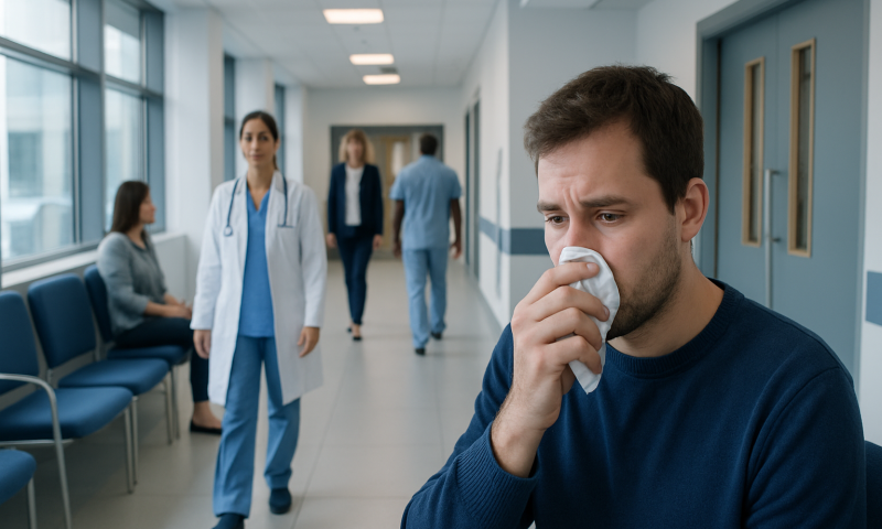 Man with cough tissue in hospital corridor with medical staff.