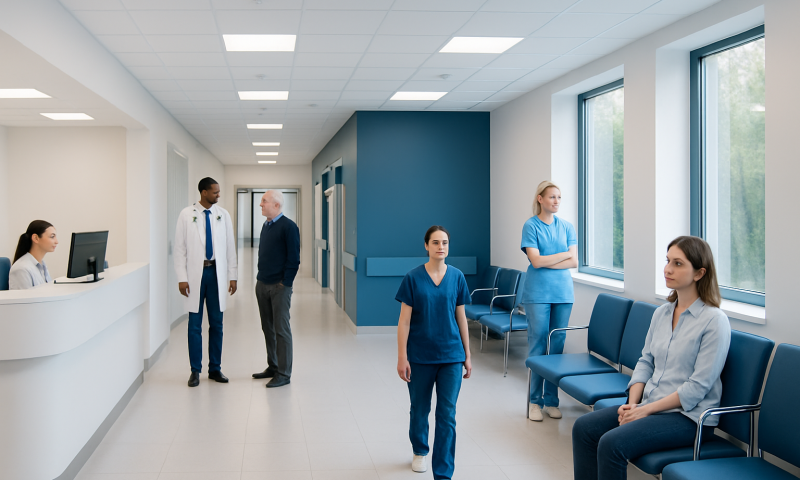 Modern hospital waiting area with patients and staff, bright and welcoming environment.