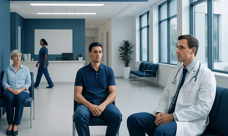 Doctor consulting male patient in hospital waiting area.