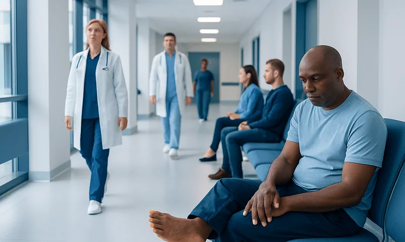 Patients waiting in a hospital corridor with medical staff present.