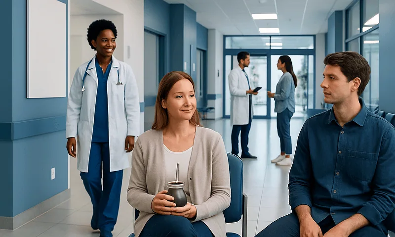 Patients and healthcare professionals in a modern hospital corridor.