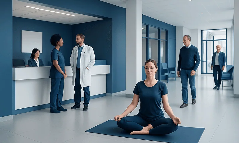 Patient practicing yoga meditation in hospital corridor for wellness.