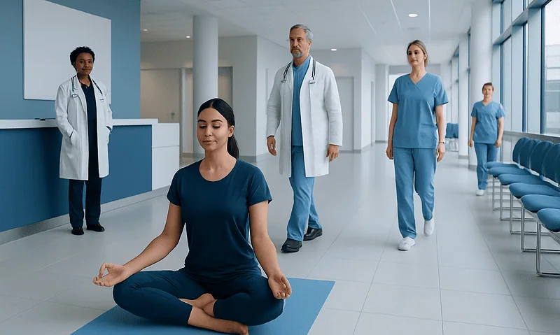Medical professionals and a patient practicing yoga in a hospital corridor.