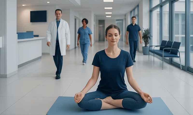 Young woman practicing yoga in hospital corridor with medical staff in background.