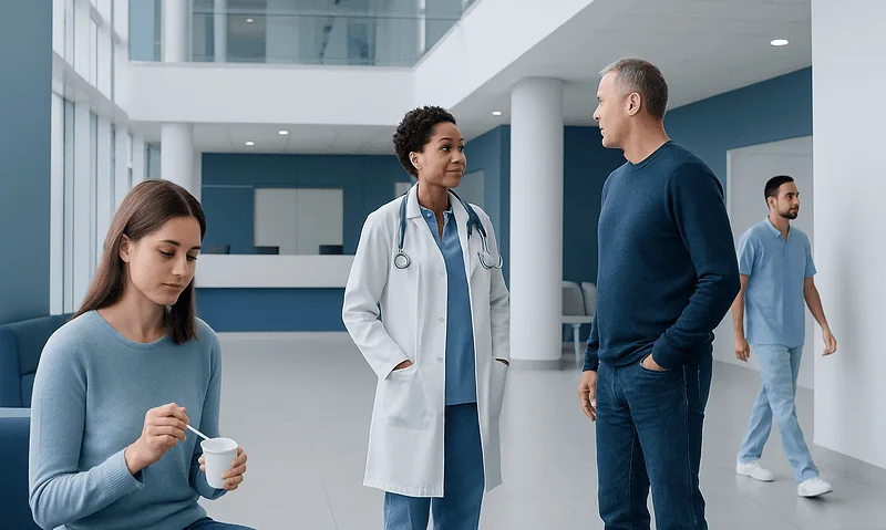 Yogurt: What Patients Need to Know 18 Medical professionals and patient in hospital lobby.