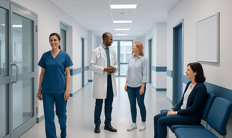 Healthcare professionals and patient in a hospital corridor at Acibadem Hospitals Group.