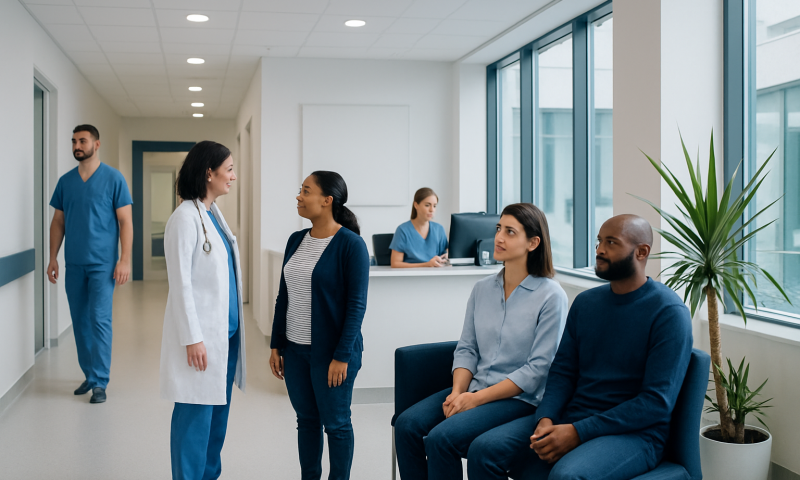 Patients waiting in a hospital corridor with medical staff and a doctor.
