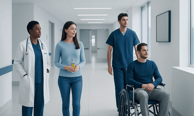 Medical team in hospital corridor with patient in wheelchair.
