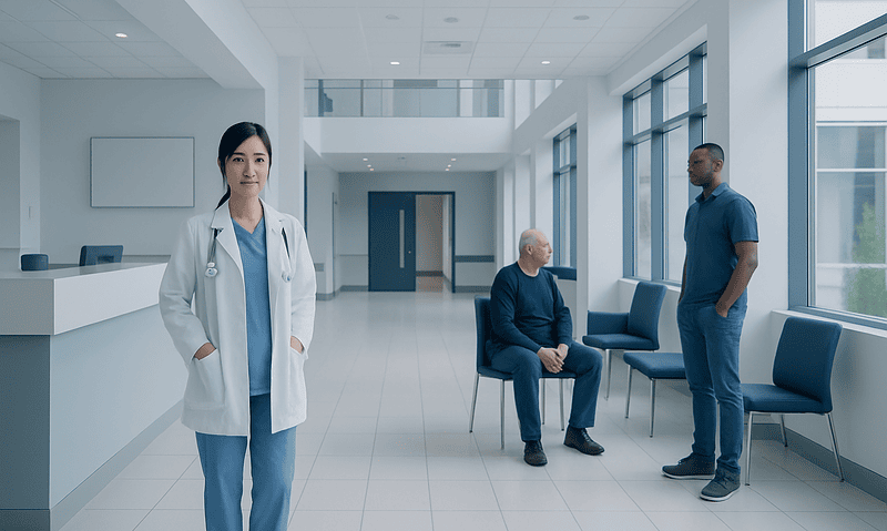 Medical staff and patient in a modern hospital corridor.