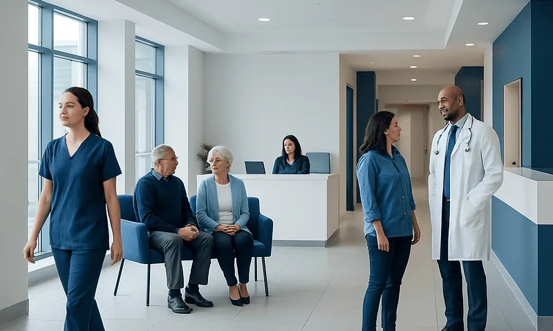 Medical staff and patients in a modern hospital lobby.