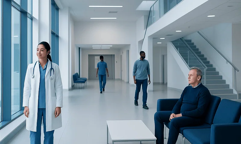 Healthcare professionals and patient in modern hospital corridor.