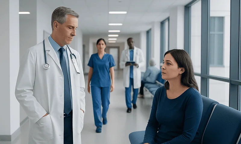 Doctor talking to a patient in a hospital corridor with medical staff in the background.
