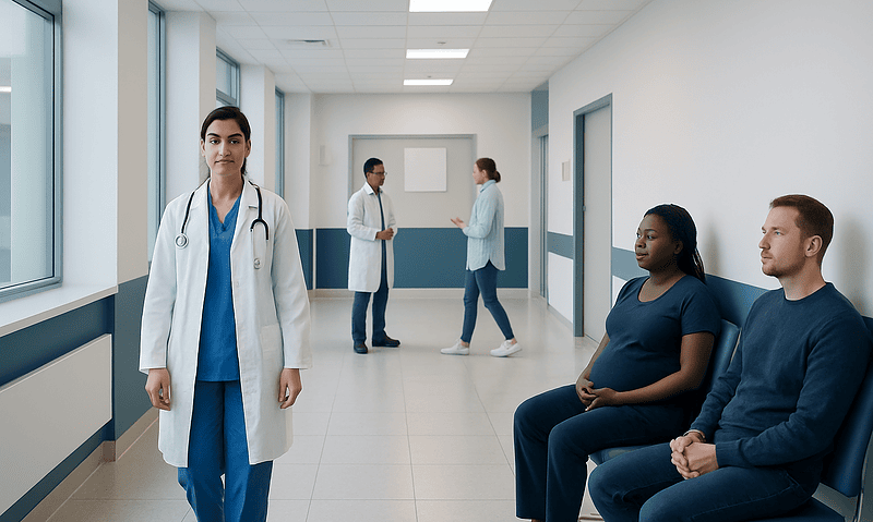 Medical staff and patients in a hospital corridor at Acibadem Hospitals Group.