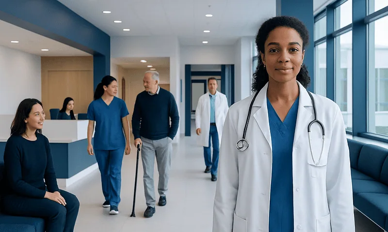 Healthcare professionals and patients in a modern hospital corridor.
