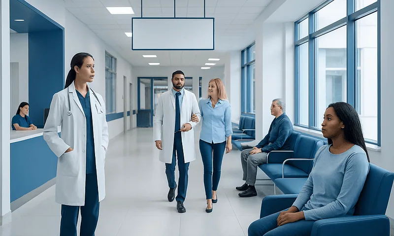 Medical professionals and patients in a hospital corridor at Acibadem Hospitals Group.