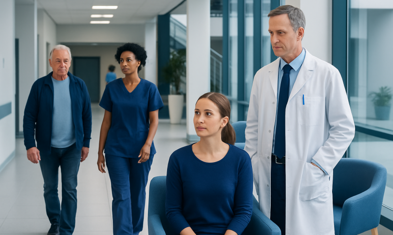 Doctor consulting with female patient in hospital lobby.