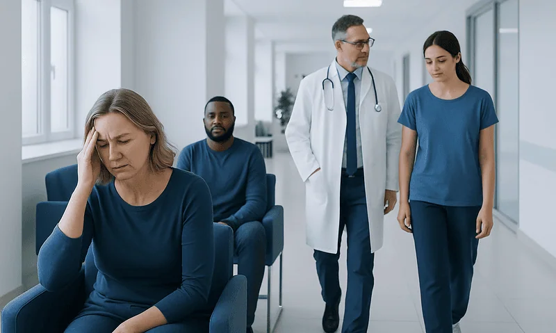 Patient experiencing headache in a hospital waiting area.