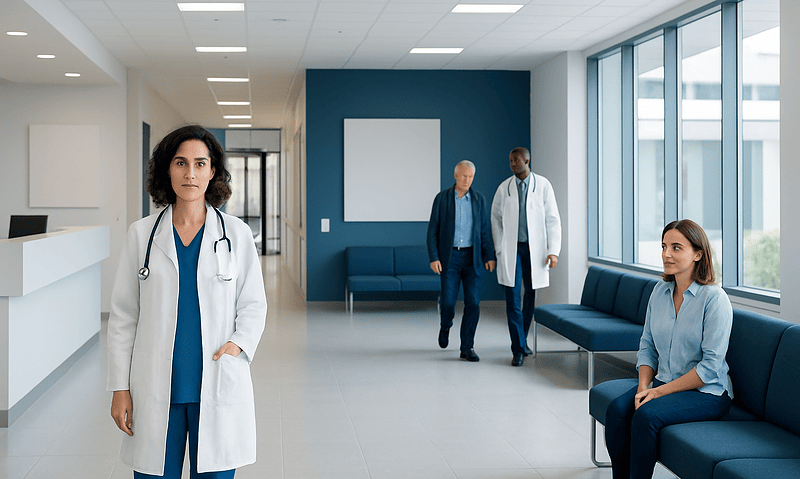 Medical professionals and patient in a modern hospital corridor.