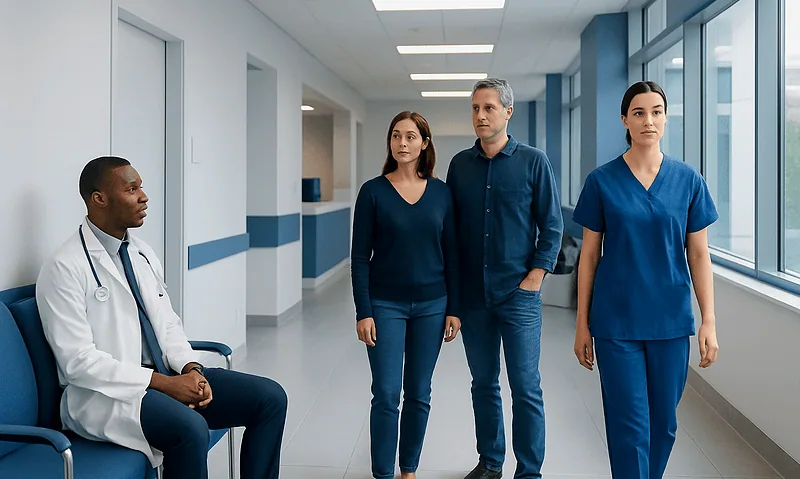Medical team discussing patient care in hospital corridor.