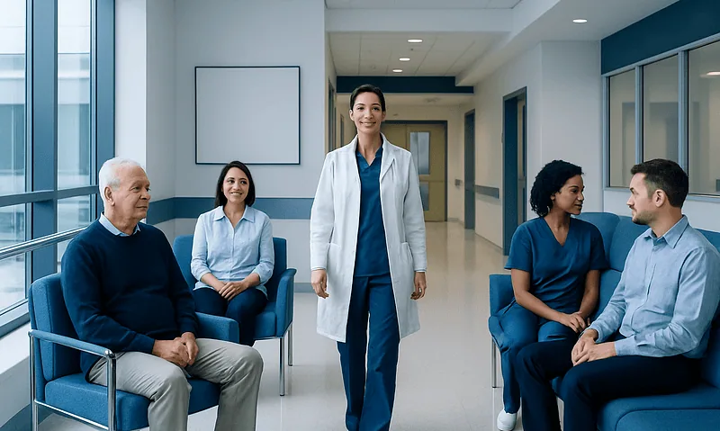 Medical team consulting with patients in a hospital corridor.