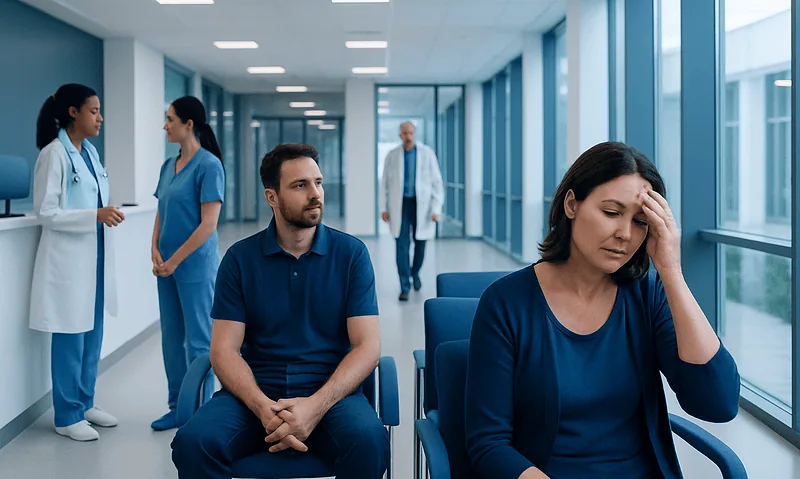 Patient experiencing headache in hospital corridor with medical staff nearby.